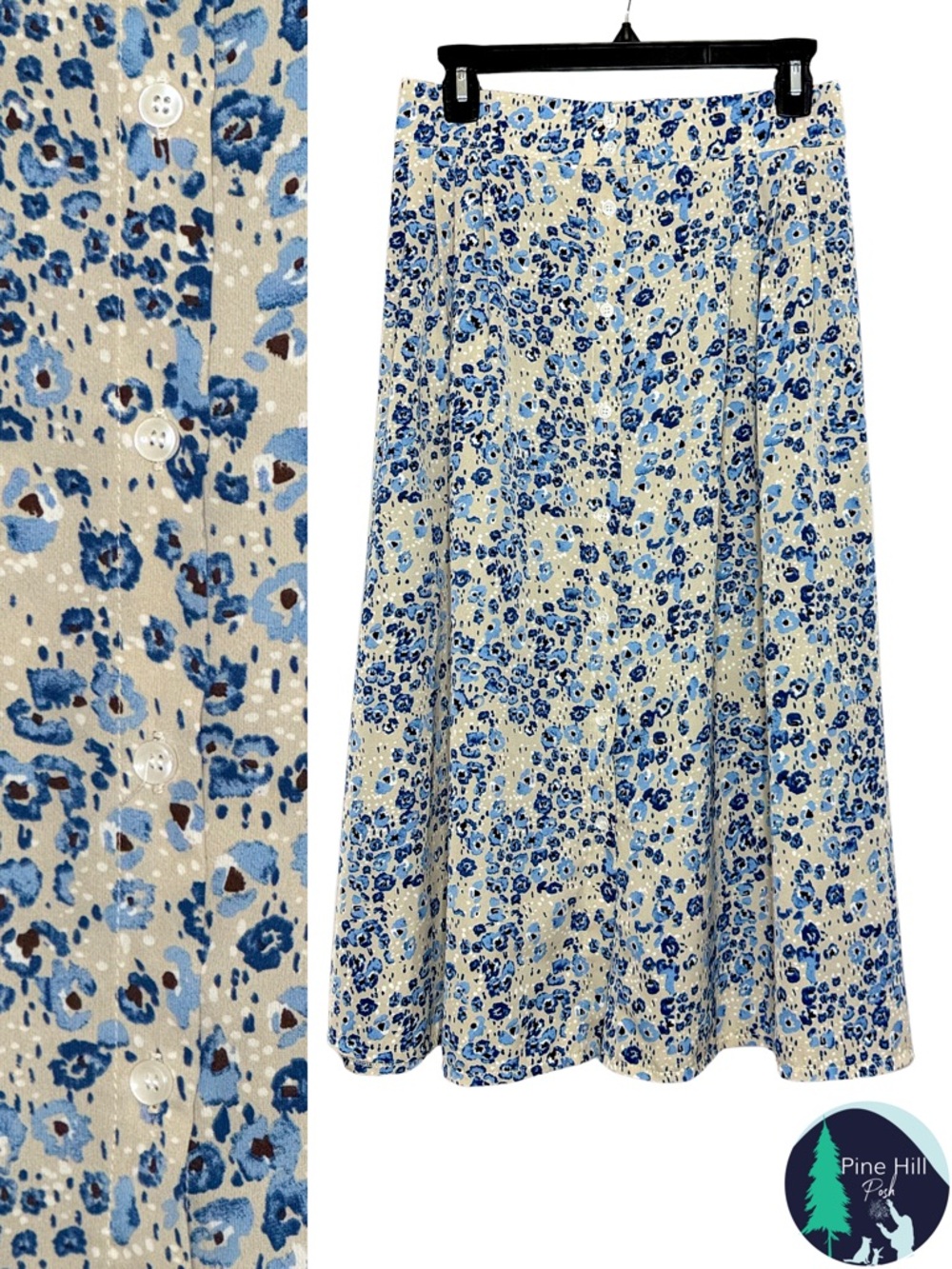 Dazy Skirt A-Line Midi Floral Beige Blue Button Front 90s Style Juniors Large